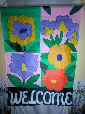 Pansies Floral Garden Flag Double Sided Applique Scalloped Large 39x28 Vintage